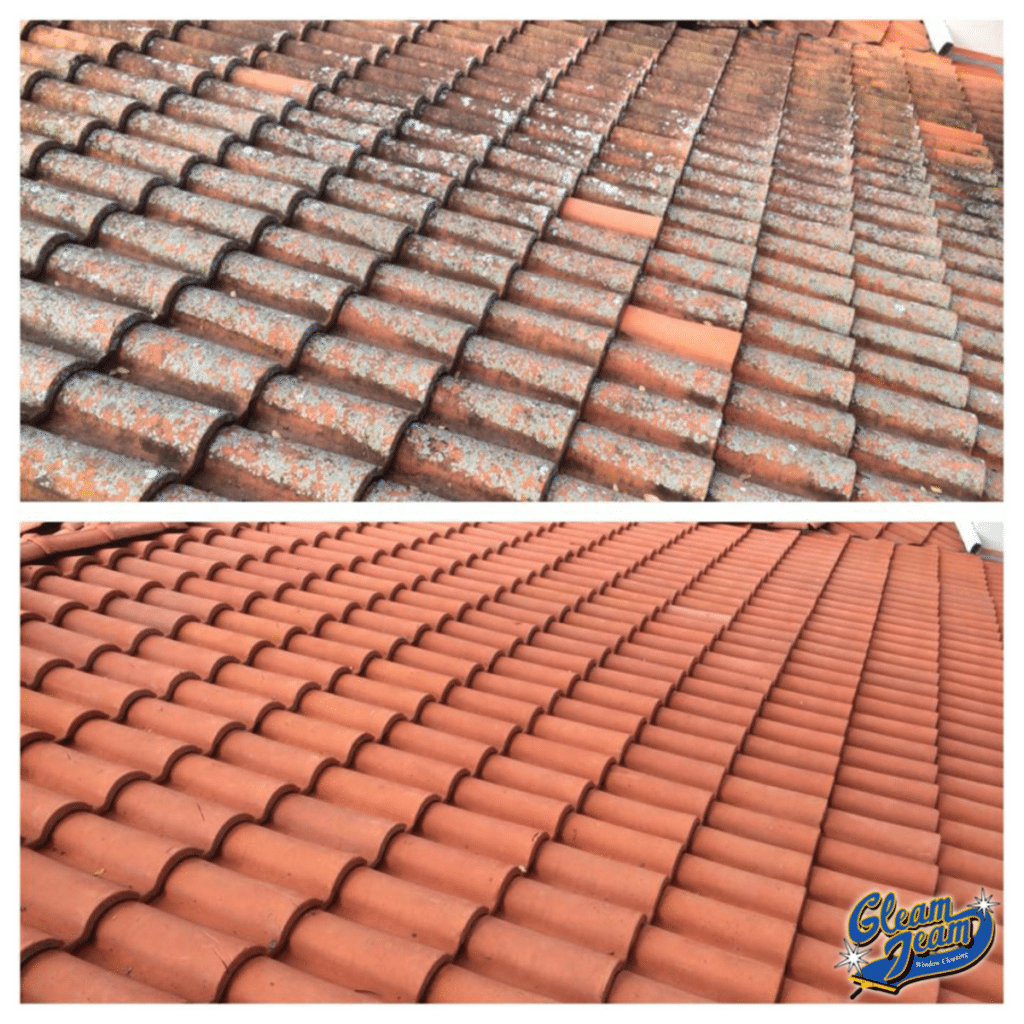 before and after picture of tile roof. before roof cleaning services and after roof cleaning services