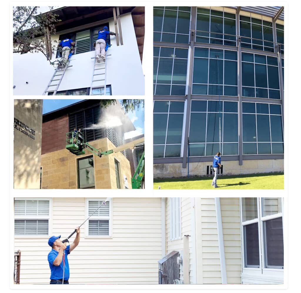 photo collage of exterior cleaning services like pressure washing and window cleaning